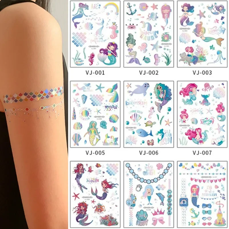 

Татуировки с русалкой для детей, мультяшные серебряные, золотые, морские татуировки, наклейки, временные модные татуировки для девочек, татуировка на руку