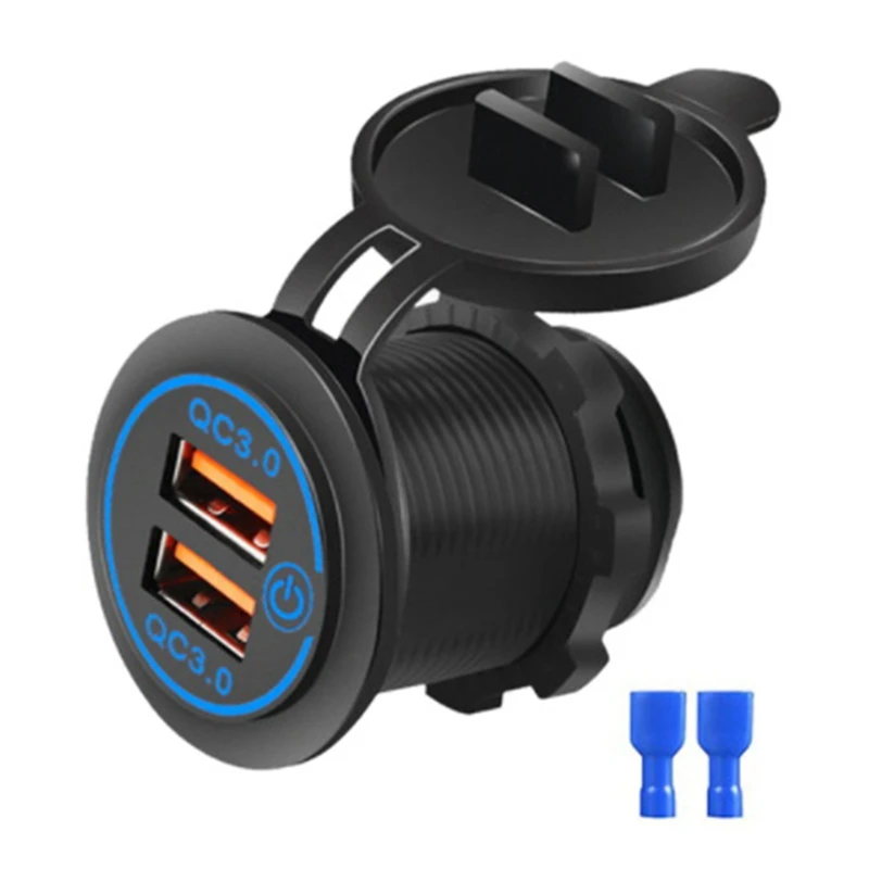 QC 3.0 Dual USB Car Charger Socket With Touch Switch Fast Charge Power Outlet For 12V-24V Motorcycle Boat