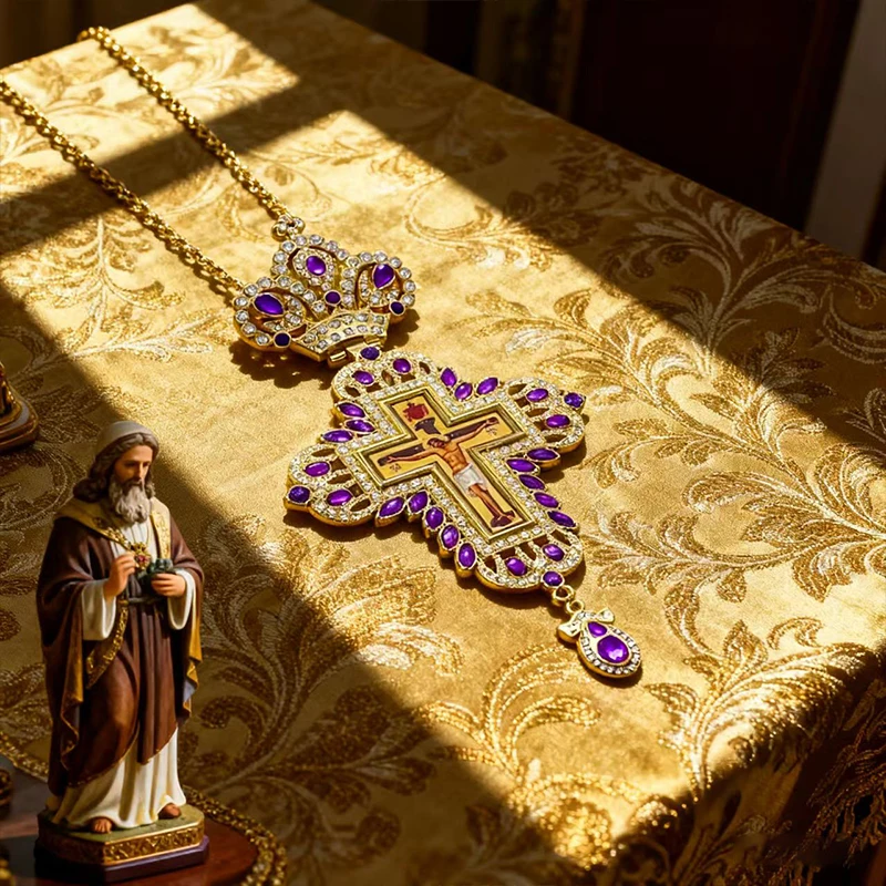 Luxuriöse Orthodoxe Brustkreuz-Halskette, Rote Kristallakzente mit Kruzifix-Ikone, Hochwertiger Liturgischer Schmuck für Kirchliche Sakramente – Detail 10
