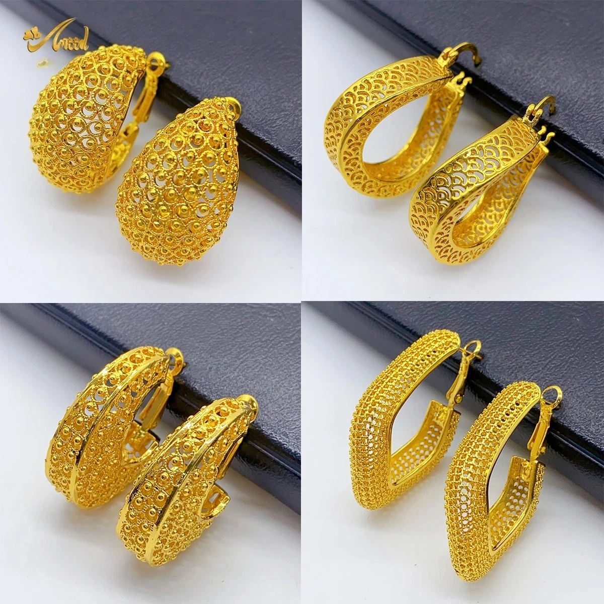 Dubai Simple Fashion Gold Plated Hollow Pierced Earrings Piercings Cartilage Ear Ring for Women Bride Ornament Gift Fine Jewelry