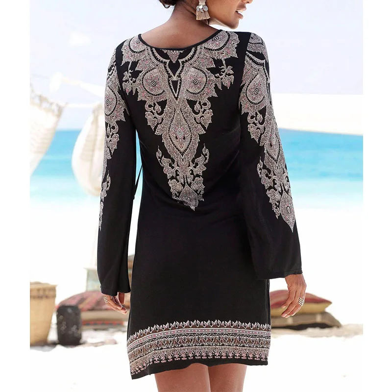 Tropical Dress Boho Vestidos Mujer Bohemian Long Sleeve V Neck Women Casual Loose Black Mini Robe Femme A Line Female Dresses