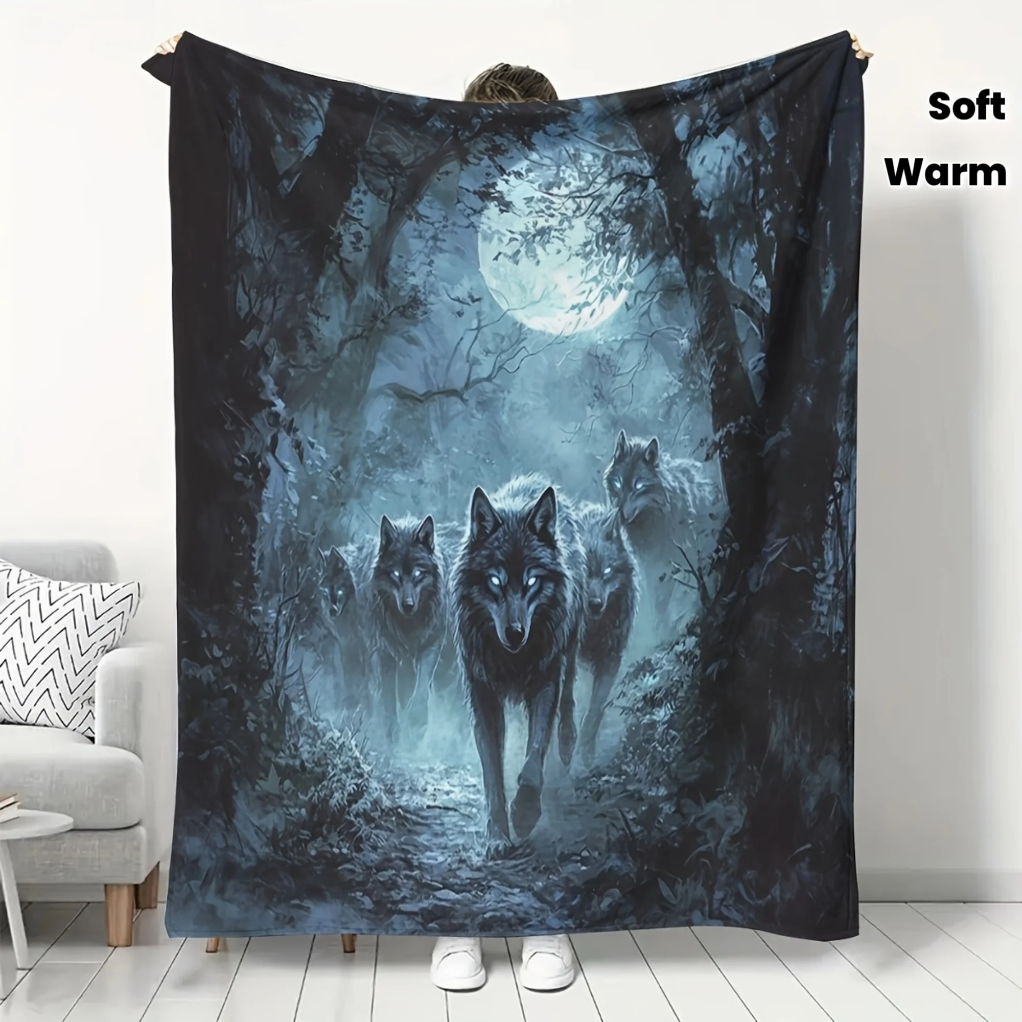 Mystical Wolf Pattern Throw Blanket, Flannel Air Conditioning Blanket for Dorm Office Naps, Printed Blanket, Gift Blanket for Fr