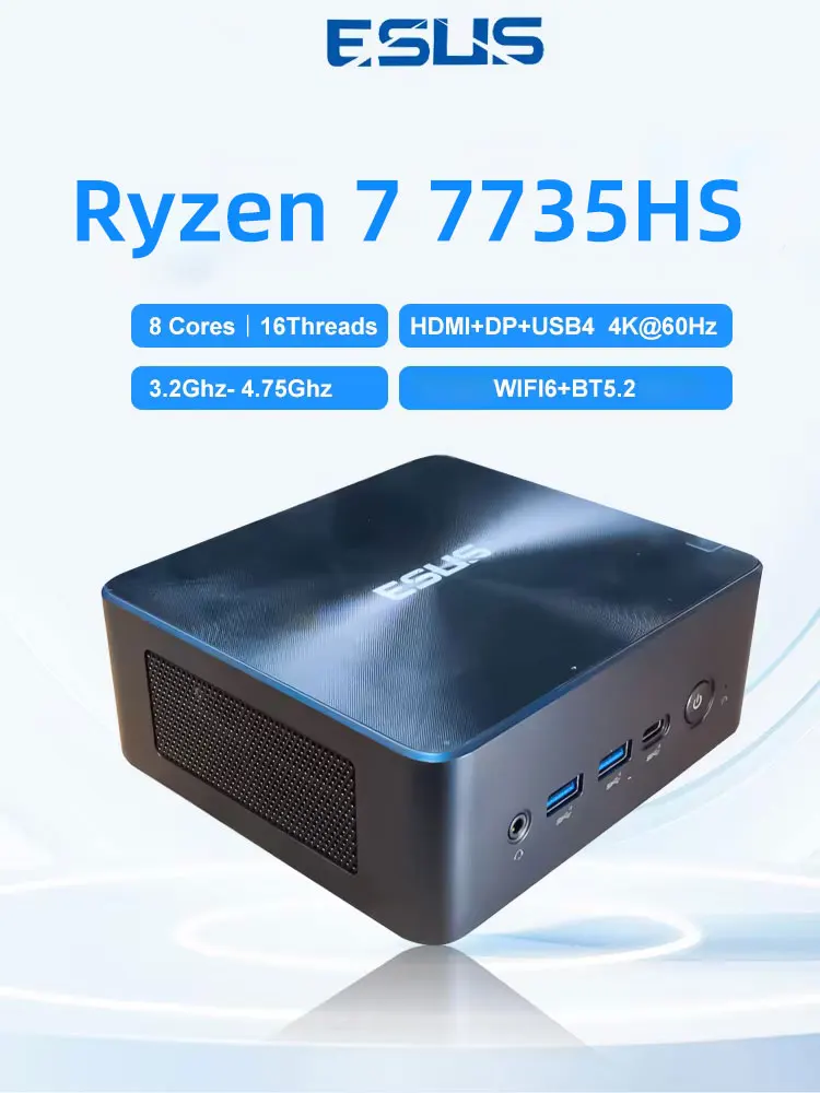 ESUS 게이머 데스크탑 게이밍 PC 컴퓨터, 미니 포켓 PC, AMD Ryzen 7735HS, DDR5, RJ45, 1000M, WiFi6, BT5.2, Win10, 11, 신제품