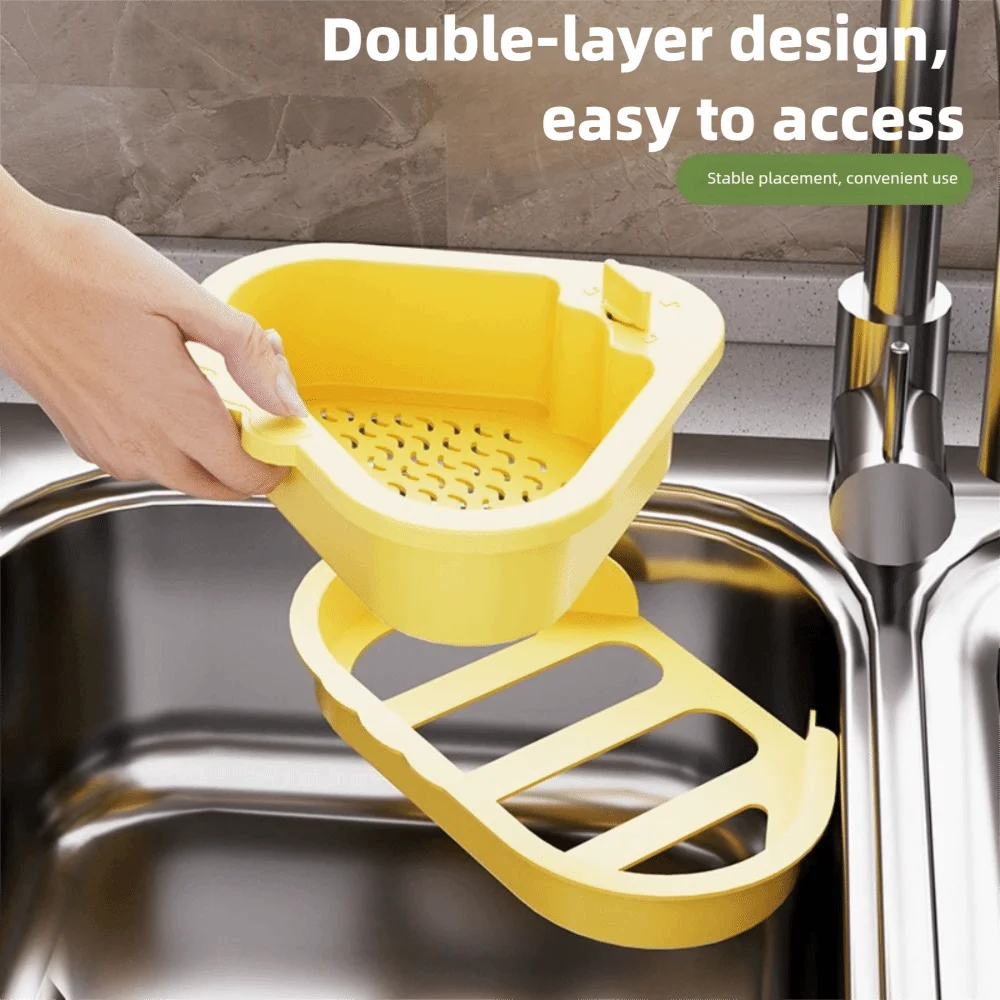 

2 in 1 Sink Strainer Basket Triangle Creative Fruit Washing Filter Rack Openable Bottom Cover Multifunctional Soap Sponge Shelf