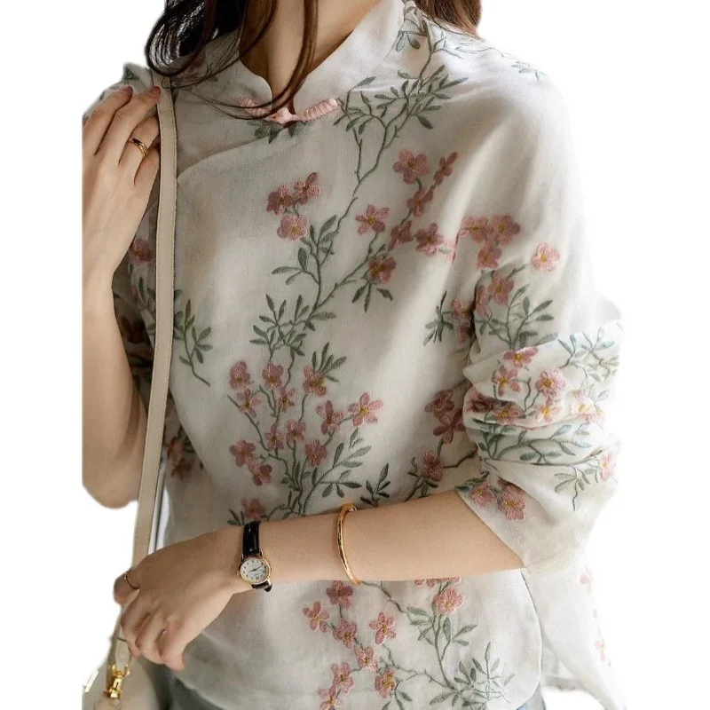 2023 Summer Chinese Improved Cheongsam Top for Women Retro Button Long Sleeve Printed Shirt Female