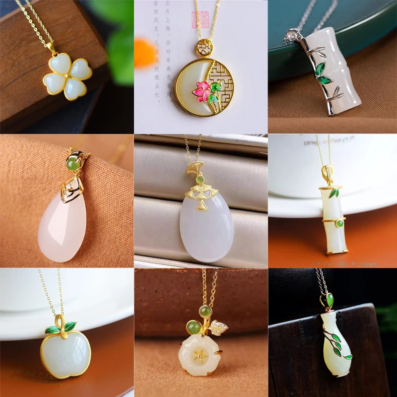 Natural Hetian Jade Pendant Ladies Necklace Chinese Court Style Unique Ancient Gold Craft Charm Various Exquisite Jewelry