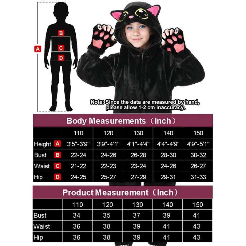 Pijama de mono negro de felpa suave para niñas con guantes y pegatinas de gato, conjunto de ropa de dormir cálida de invierno, perfecto para Halloween mb.3