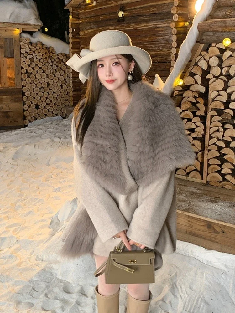 2023 neue Weibliche Warme Kaschmir Woolen Mantel Mode Lose Winter Kleidung Frauen Heiße Verkäufe Große Echt Fox Pelz Kragen Wolle jacker