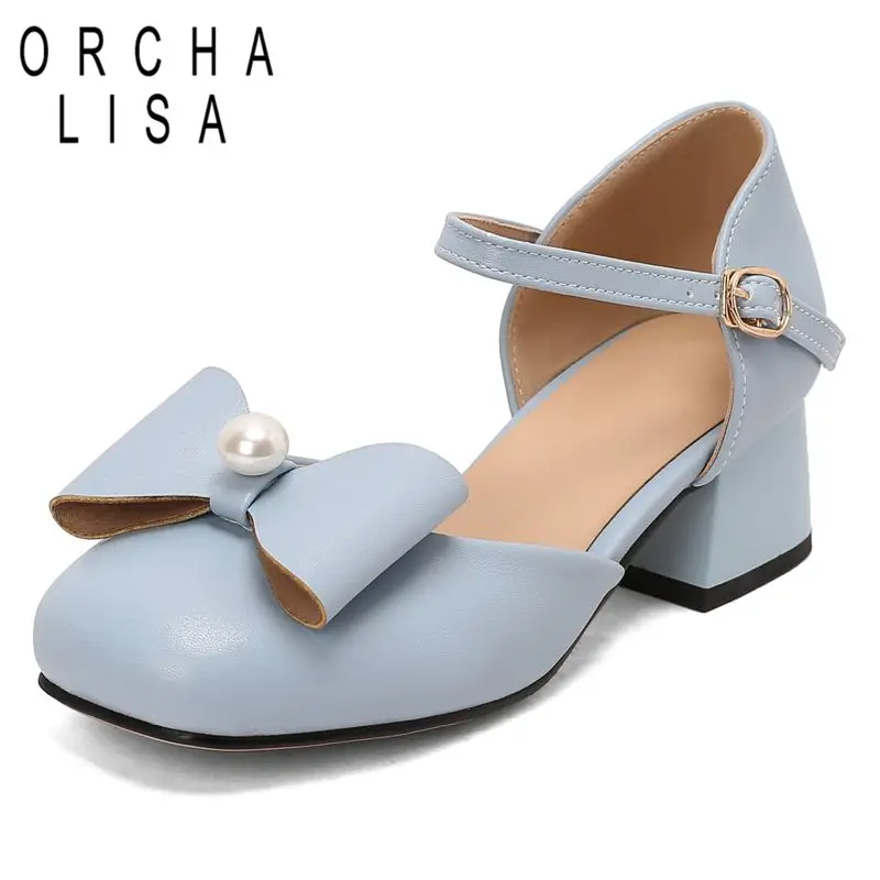 

ORCHA LISA Sweet Mary Janes Женские сандалии с круглым носком на массивном каблуке 4,5 см, с пряжкой и ремешком, бантом, большой размер 45, 46 47 48 Туфли для свиданий