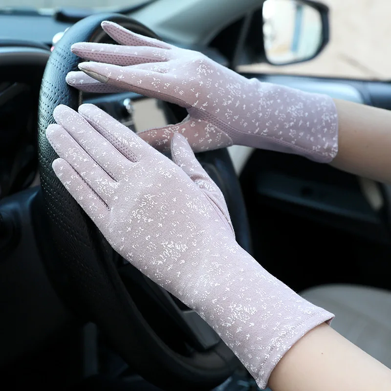 Damen-Sonnenschutzhandschuhe, mittellange, dünne Sommer-UV-Schutzhandschuhe, rosa, geblümt, Fahrradhandschuhe mit Touchscreen-Funktion