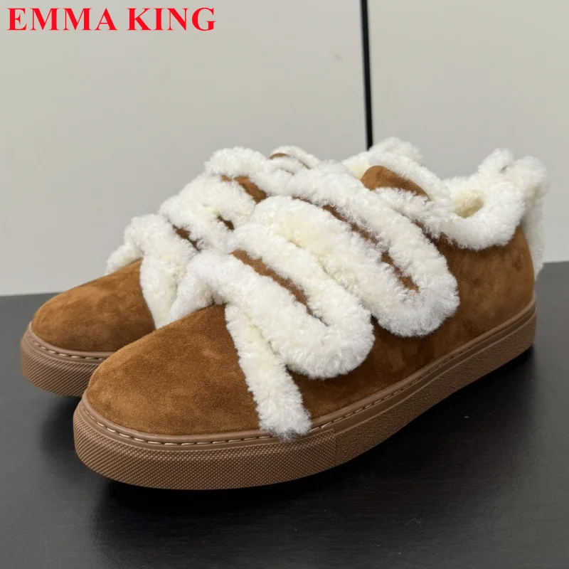 2024 Women Winter Fur Casual Shoes Suede Leather Platform Round Toe Flat Casual Sneakers Thick Sole Fluffy Ladies Designer Shoes