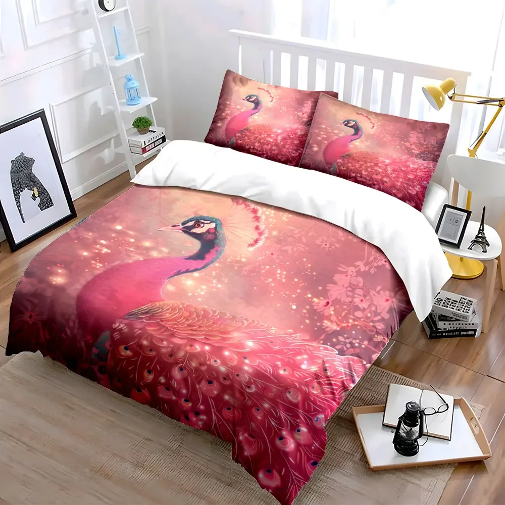 Pink Elegant Peacock Artwork Set Soft Comfortable Duvet Cover Bedding Set Included 1*Duvet Cover & 2*Pillowcases, gift