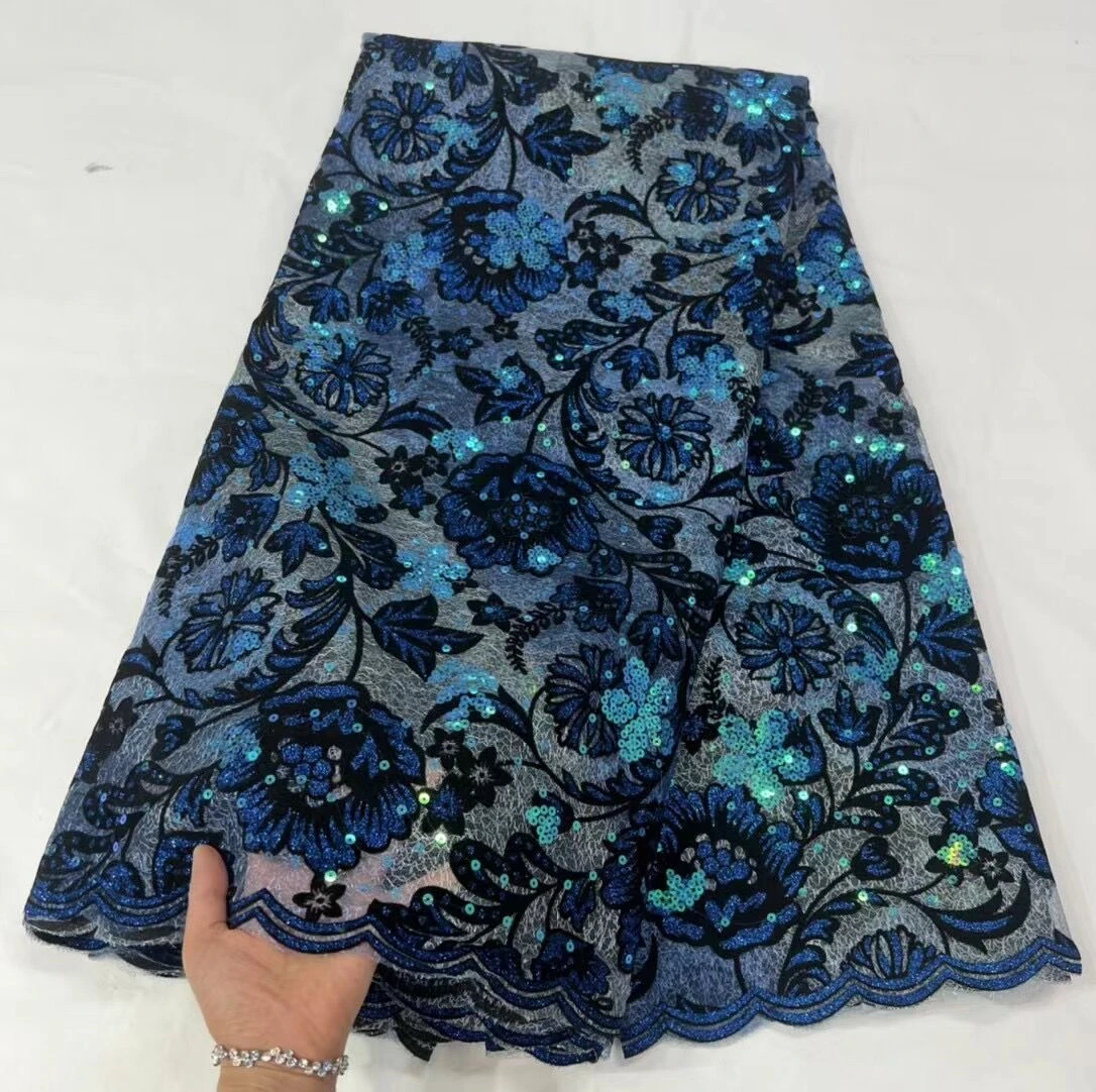 

New High-Quality African Nigerian Tulle Lace Fabric Sequins Embroidery French Guipure Wedding Party Dress Beaded 5 Yards