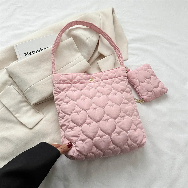 Women\'s Bags Solid Color Quilted Tote Bag Large Capacity Cotton Padded Handbag Trendy Fluffy Shoulder Bag for Winter Purse Bolsa
