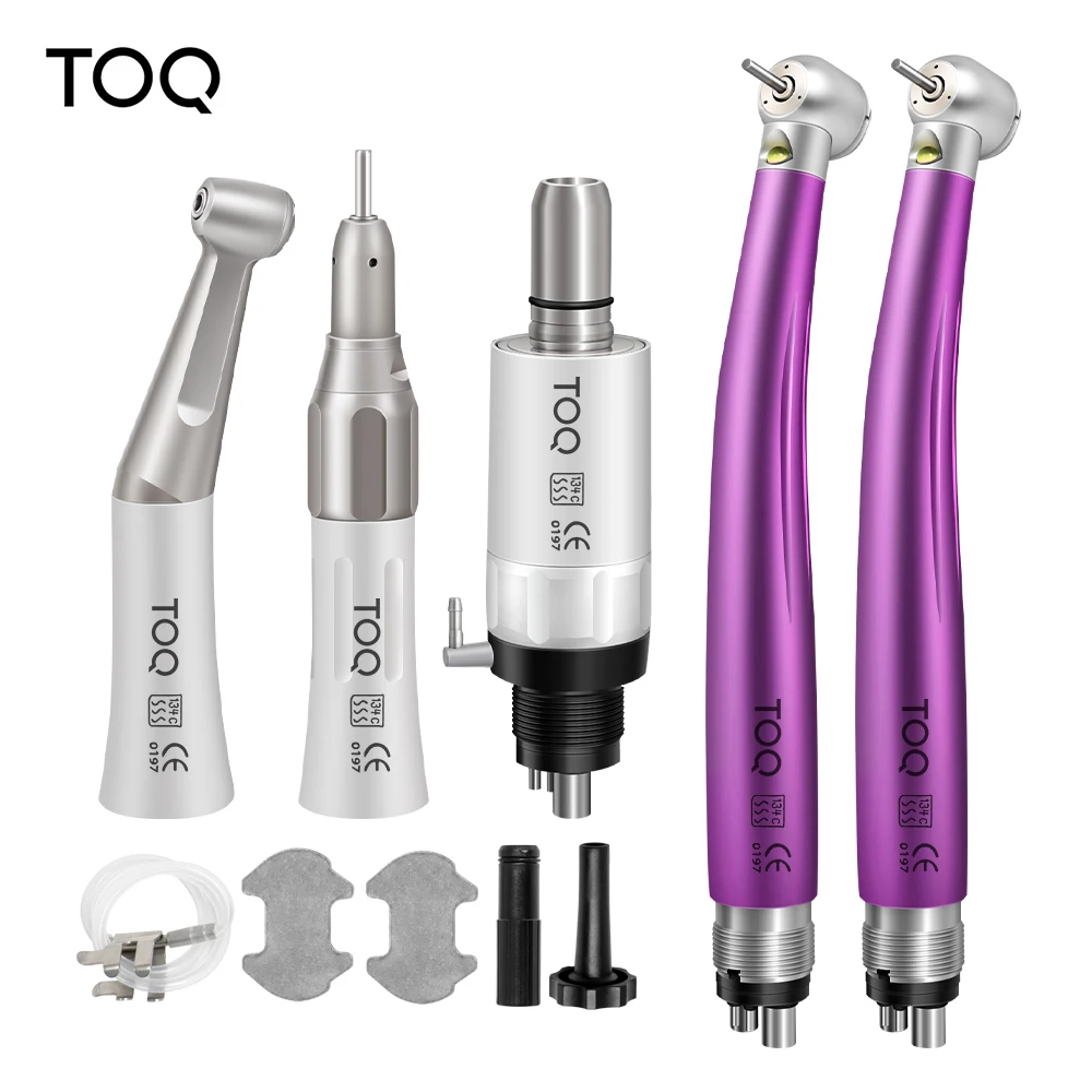 Dental Color LED High and Low Speed Handpiece Kit Push Button Contra Angle Single Way Water Spray Air Turbine 4 Hole