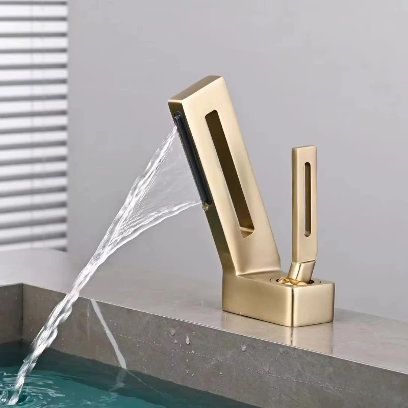 욕실 단일 손잡이 폭포 수도꼭지, 냉온수 혼합 탭, 단단한 황동, 속이 빈 창의적인 디자인, 싱크대 물 수도꼭지