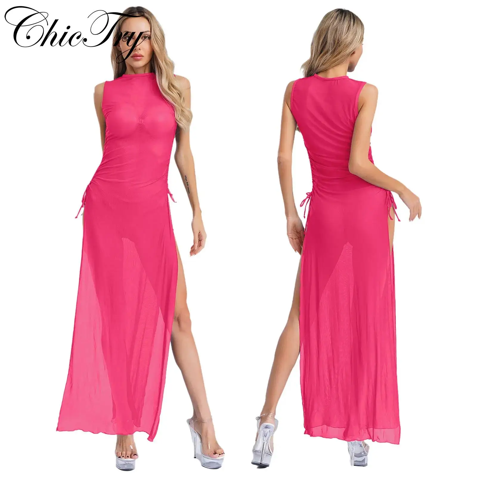 

Womens Bodycon Maxi Dress Bikini Cover Up Sheer Dress Sleeveless Slit Mesh Club Party Dresses See Through Beachwear Swimwear