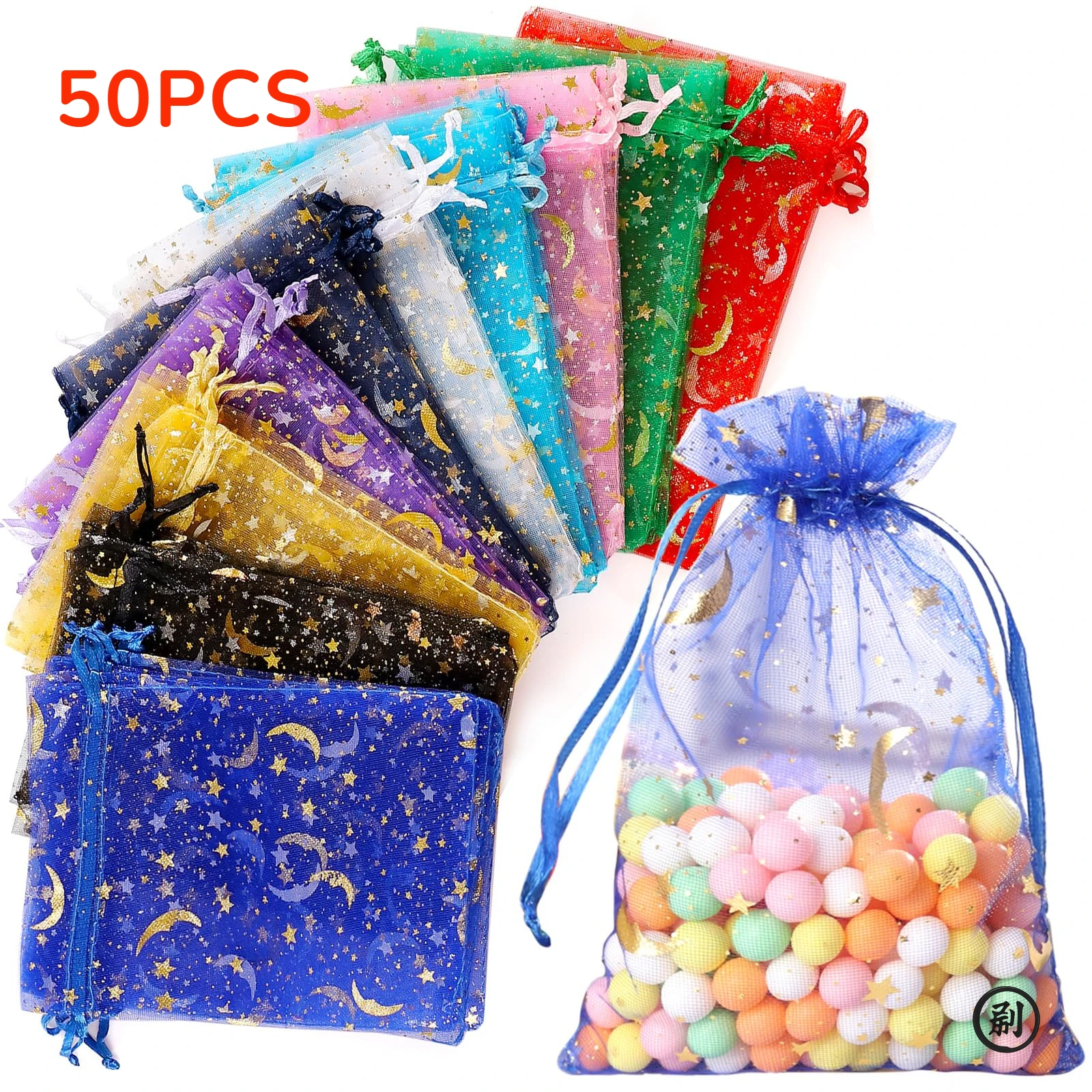50PCS Gold Star Moon Organza Bags Drawstring Pouches for Christmas Wedding Jewelry Gifts Favors