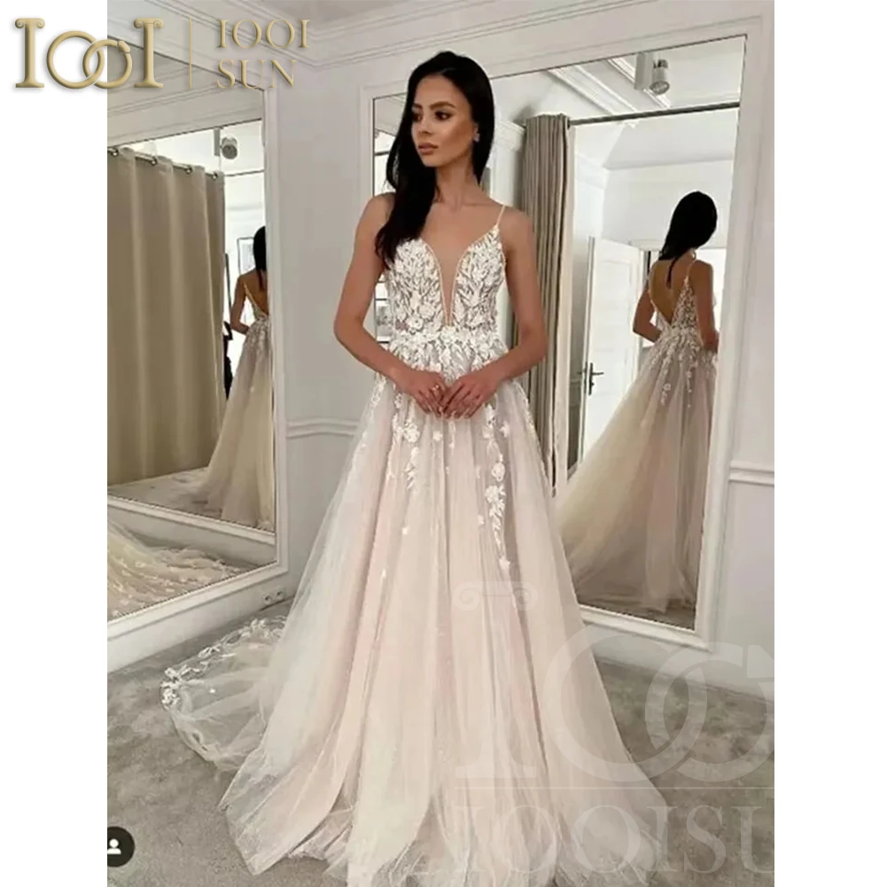 

IOOISUN Sexy Lace Wedding Dresses with Beading Deep V-neck Boho Bridal Gown with Slit Party Gown vestidos de novia Robe