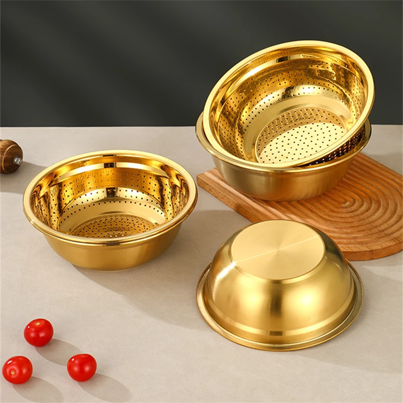 2Pcs/Set Rice Sieve Strainer Stainless Steel Golden Drain Basket Multifunctional Egg Flour Mixing Bowl Kitchen Fruit Soup Basin