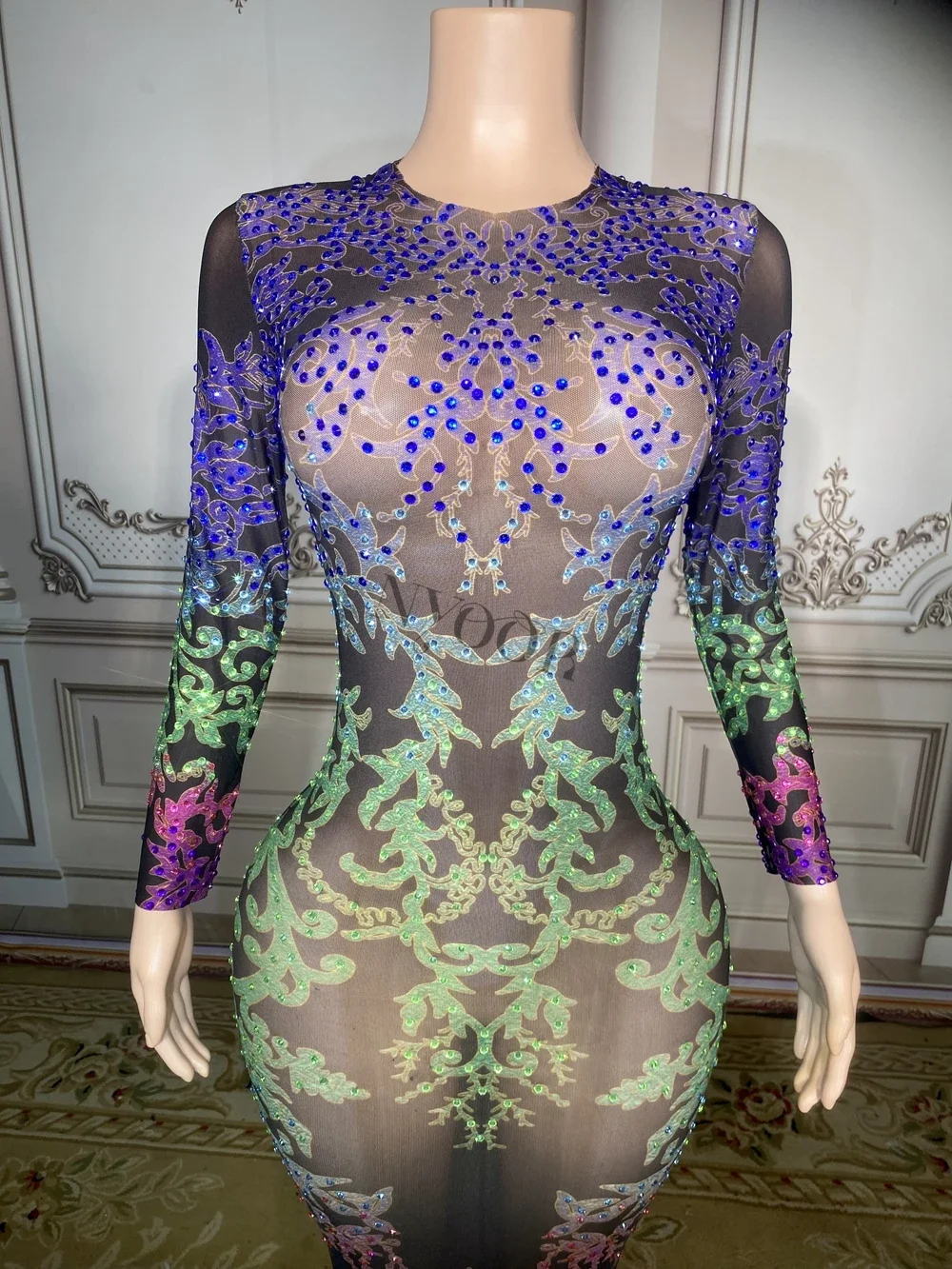 

Sexy Birthday Celebrate Evening Prom Photo Shoot Dress Sparkly Rhinestones Mesh Transparent Long Sleeve Floor-length Dress