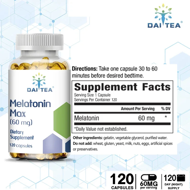 60 Mg Extra Strength Melatonin MAX - Eye Support, Deep Sleep, Natural Sleep - 100% Additive Free, Vegan, Non-GMO, Gluten Free