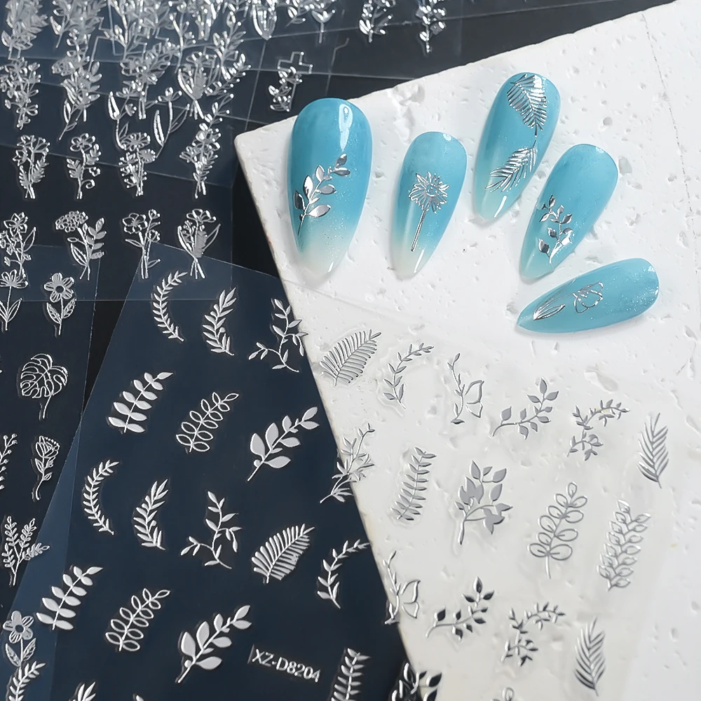 12 pièces or argent noir blanc auto-adhésif Branches ongles décalcomanies Laser fleurs feuilles 8*10 cm Nail Art autocollant manucure Decoratio