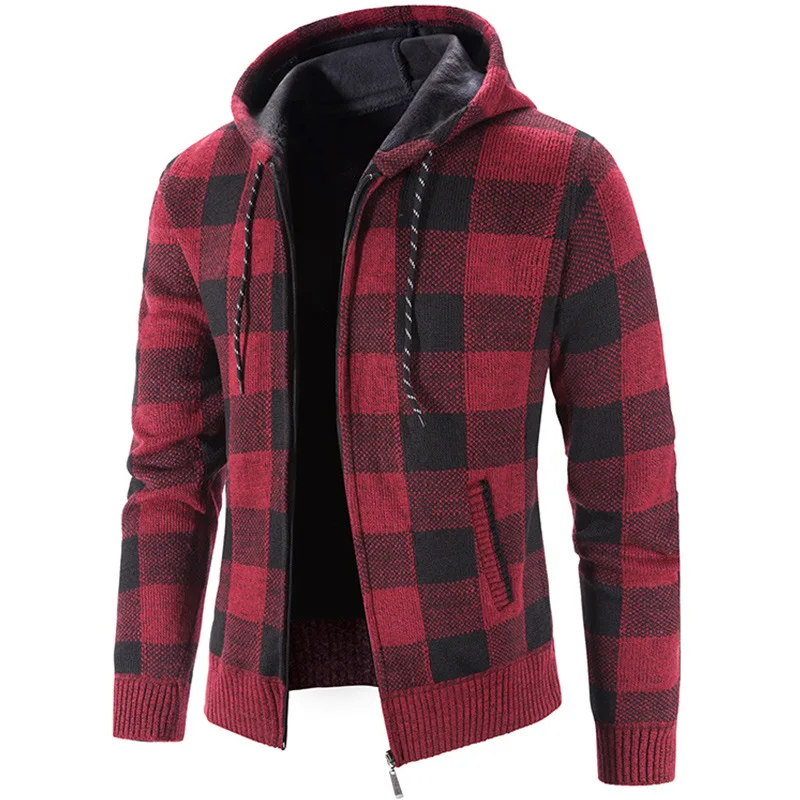 

Men's Knitted Hooded Jacket Casual Plaid Fleece Lined Long Sleeve Short Coat Ultra Slim Fit Iron Free Summer Fashion
