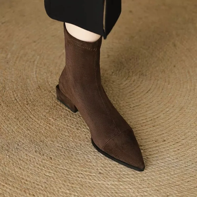 Plus-Size Women's Boots 2026 Winter Fashion Pointed-Toe Design Short Boots with Zippers on The Back, Slim Low-Heeled Nude Boots view 6