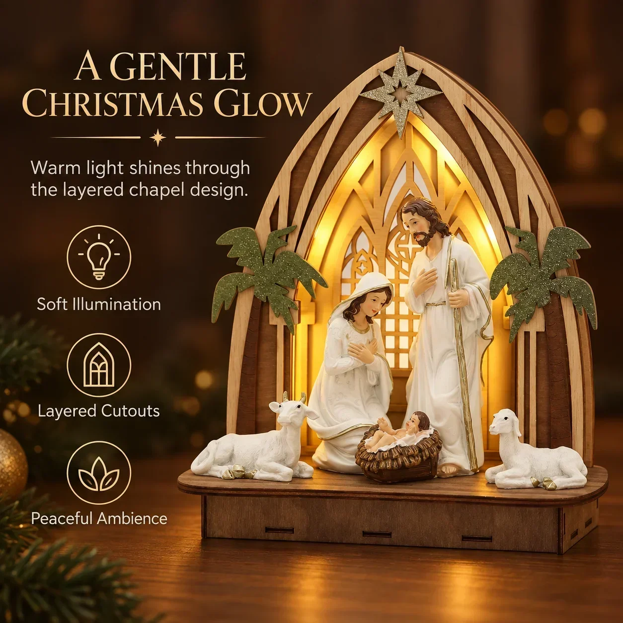 Hodao Lighted Nativity Set, Resin Holy Family Figurines with Wooden Chapel Backdrop, Bethlehem Star, Christmas Mantel Decoration