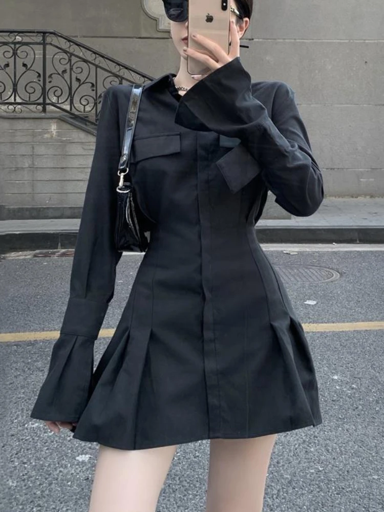 HOUZHOU Black Shirt Dress Women Elegant Vintage Long Sleeve Dresses Sexy Gothic Pleated Streetwear Turn-down Collar Casual Robe