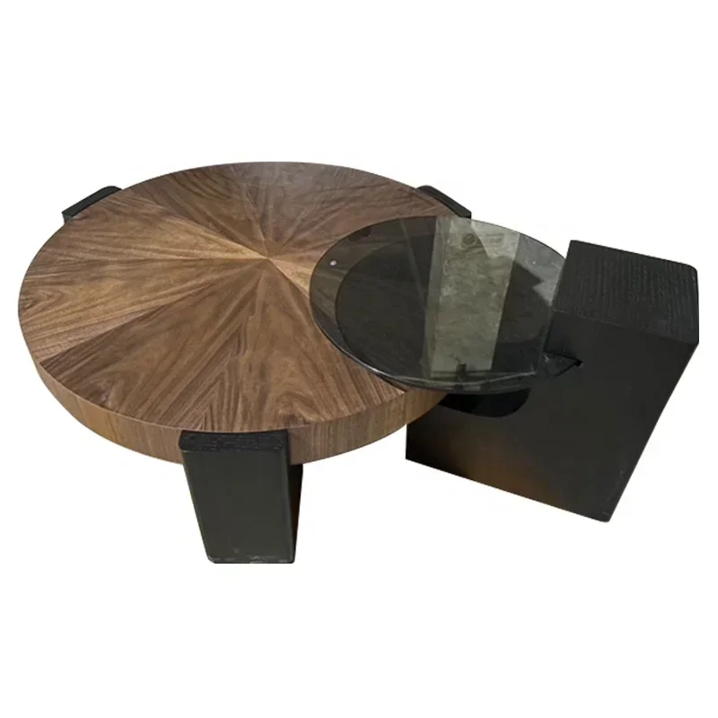 

Hot SalesNordic Minimalist Modern Round Walnut Color Splicing Wood Grain Coffee Table Living Room Wooden Tea Table