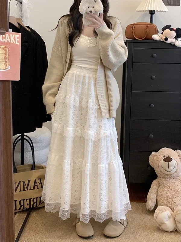 Falda de ballet de talla grande con encaje floral y cintura alta para mujer, nueva falda de otoño estilo pastel con corte en A, hueca, holgada, estilo coreano para el día a día.