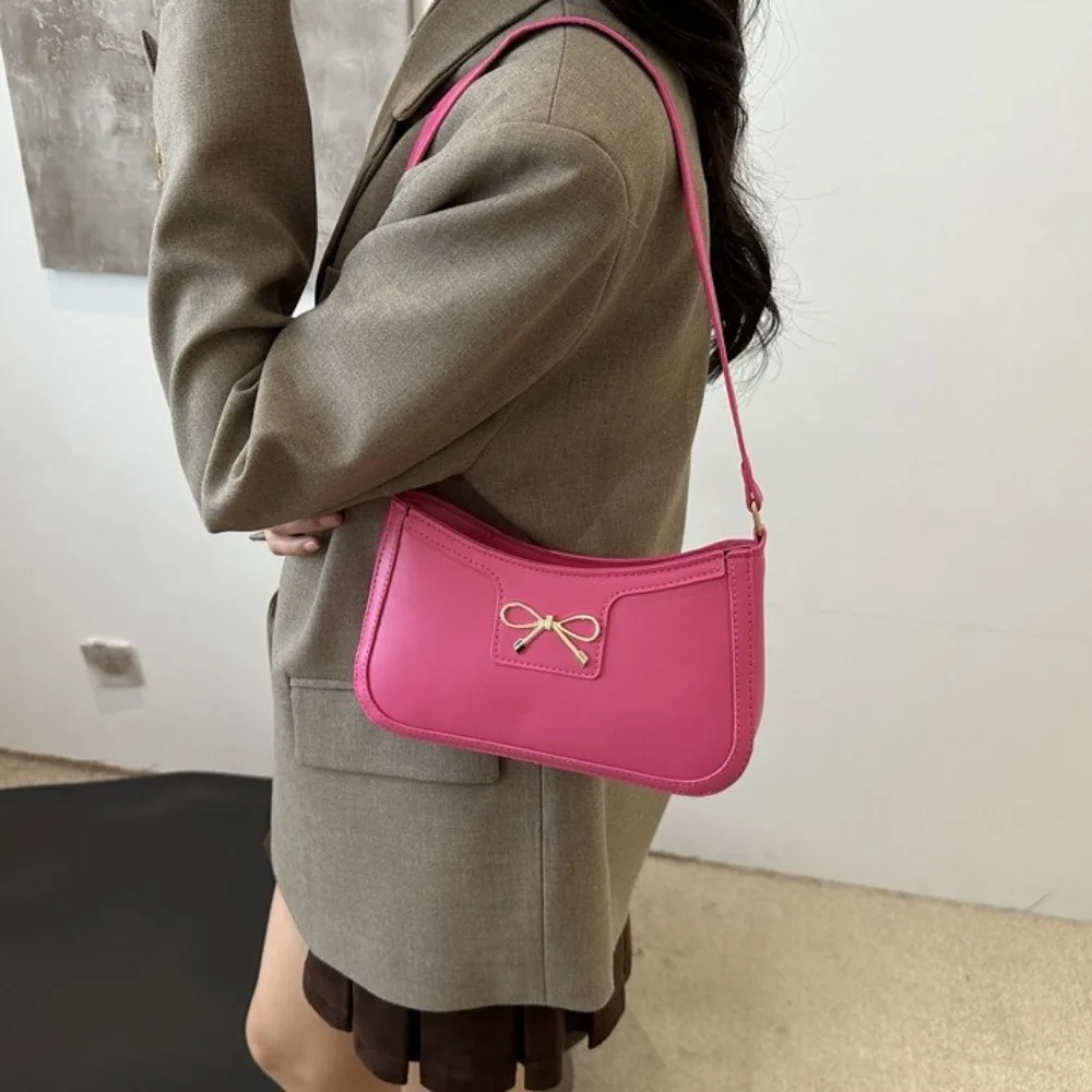 

Fashion Y2k Bow Shoulder Bag PU Leather Zipper Bowknot Underarm Bag Small Square Bag Solid Color Women Handbag Girls