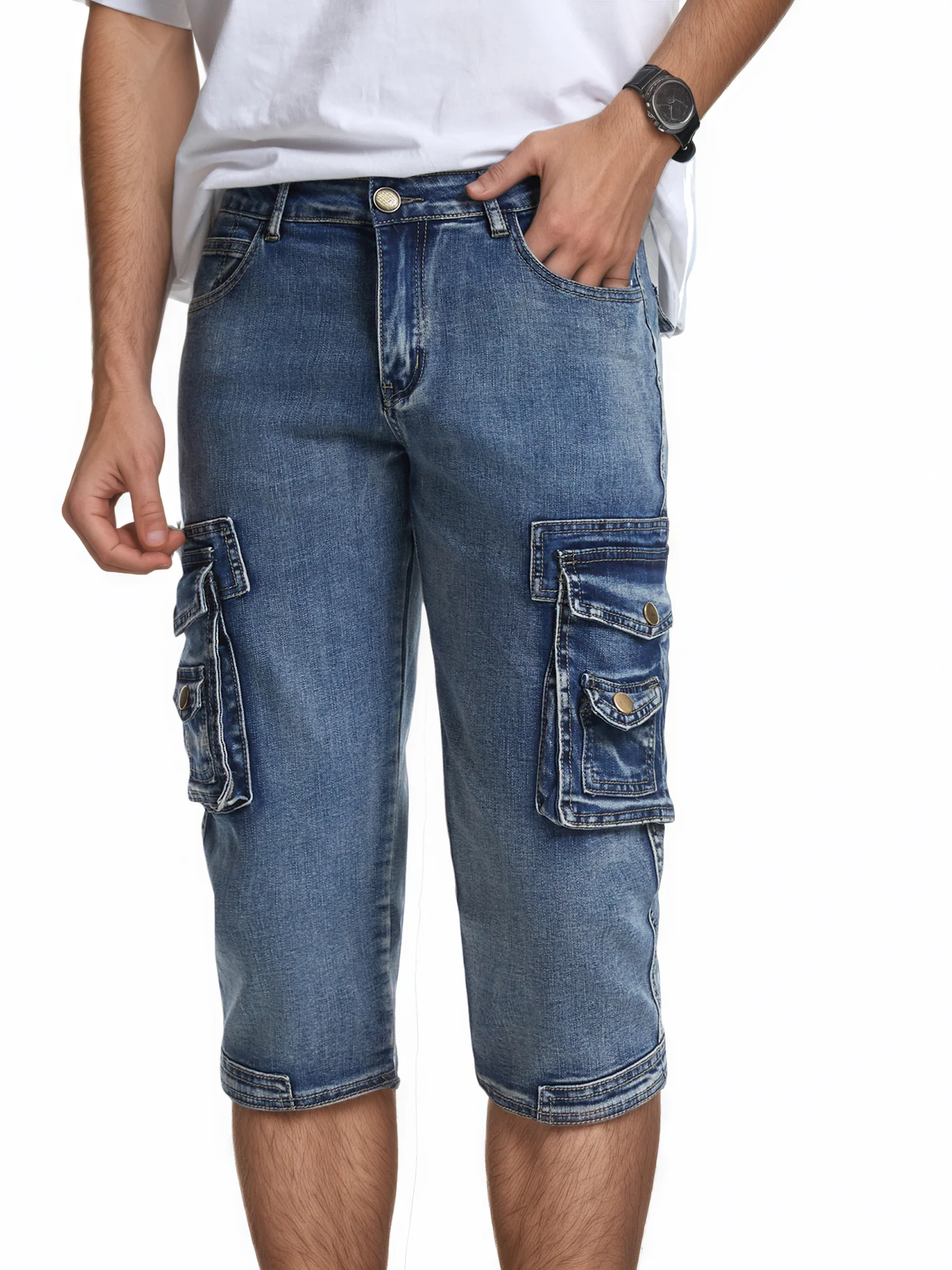 

Men`s Workwear 3/4 Cargo Shorts Stretch Denim Biker Jeans with Multi Pockets
