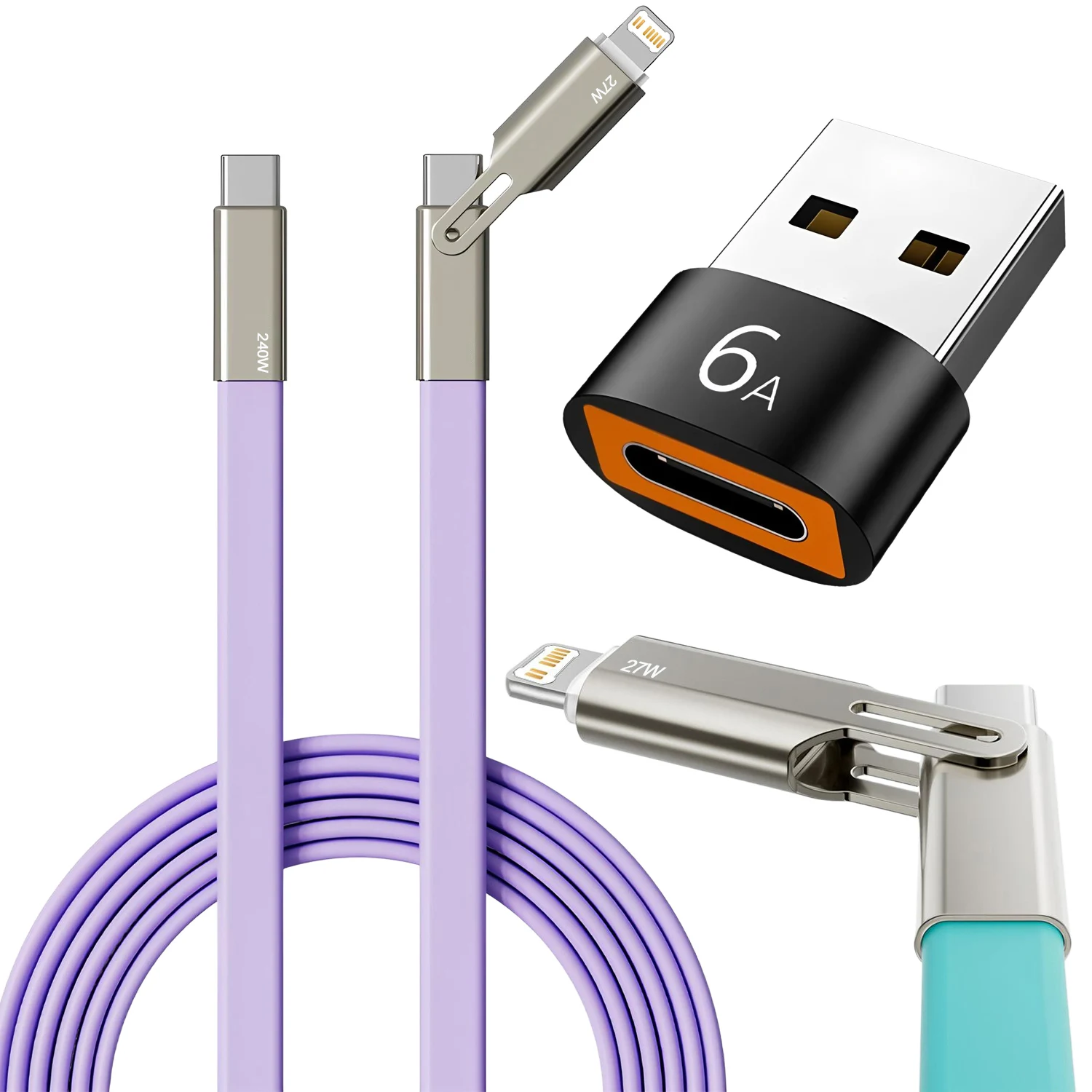 

2IN1 PD Cable 240W Fast Charge USB-C Mobile Phone Data Cable With OTG Port For iPhone 11 17 Xiaomi Tablet silicone Type-C Cable