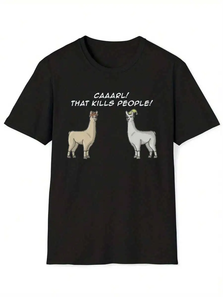 Black Llama Graphic-Shirt Funny Cartoon Alpaca Print Tee Novelty Animal Design Top Short Sleeve Shirt Clothes Graphic 100%