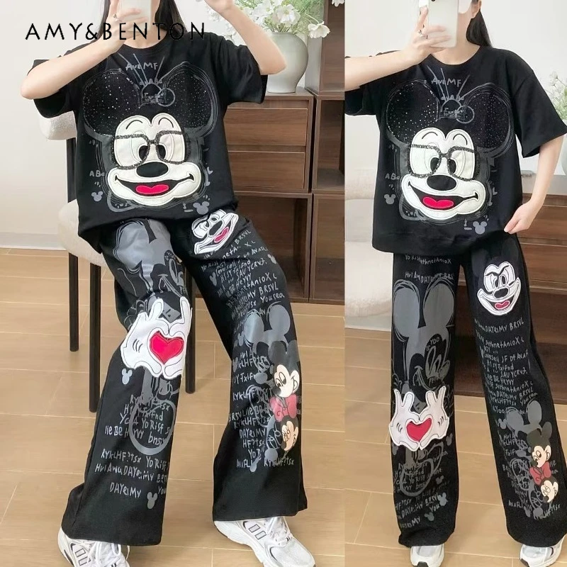 

2026 Spring Autumn New Cartoon Print Short-sleeves T-shirt And Pants 2pcs Set Women's Casual Loose Fit Slimming Two-piece Outfit