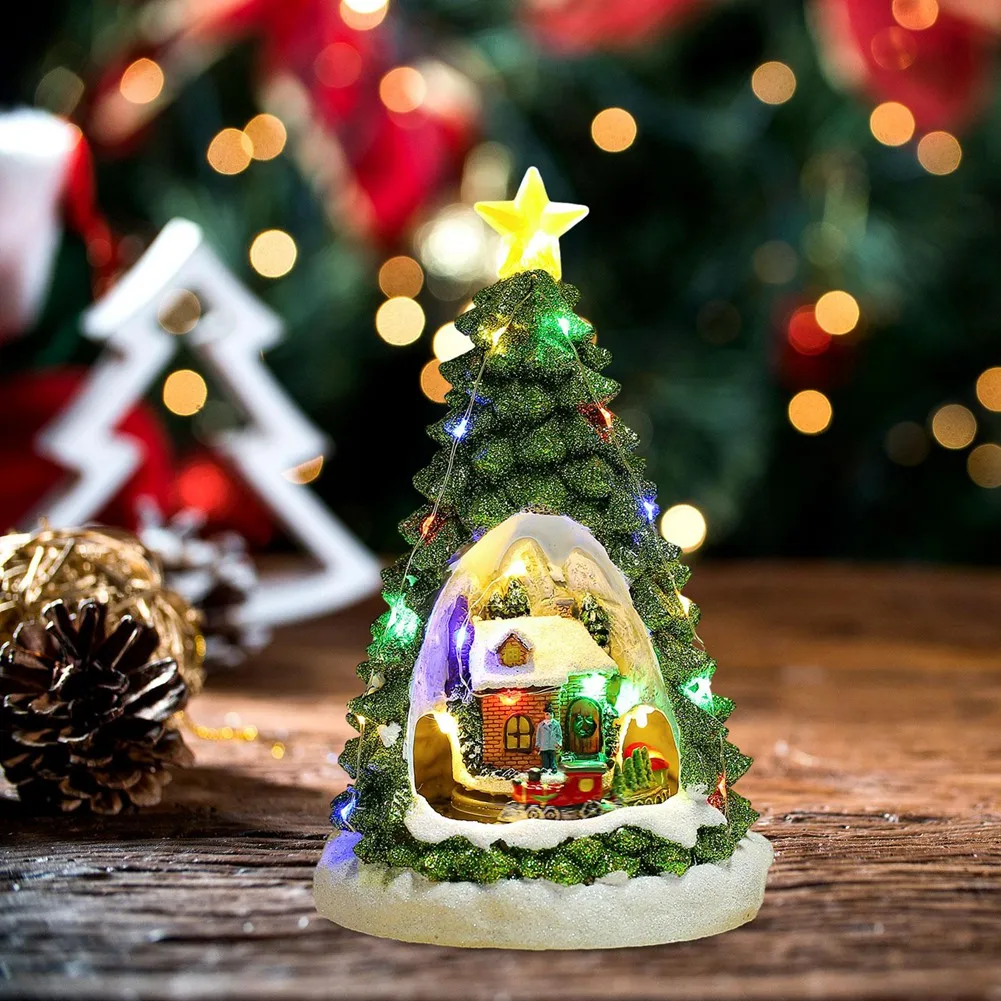 Maison lumineuse d'arbre de noël, décoration musicale pour adultes et enfants, Train rotatif, scène d'hiver, maison de bureau, décor de vacances, AB15-Christmas