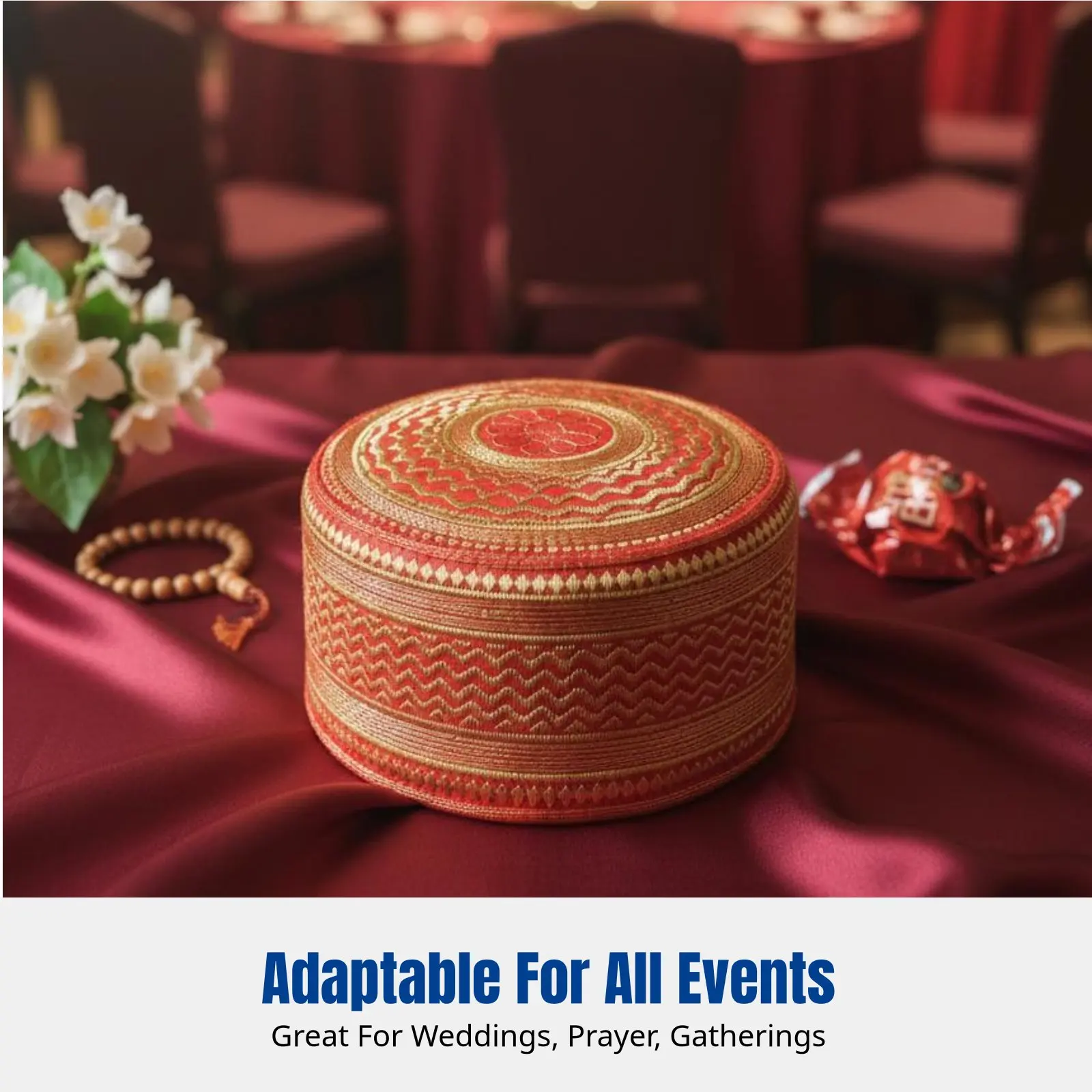 

Китайская этническая шапка, вышитая красно-золотая кепка, для свадьбы, для молитв, унисекс, маленький размер