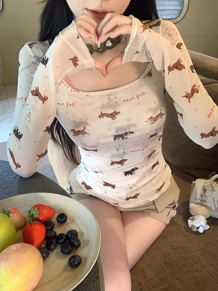 Puppy Printting Long-sleeved T-shirt Women's Design Sense Thin Micro-transparent Blouse U-neck Top Female Pullover Tees Clothing