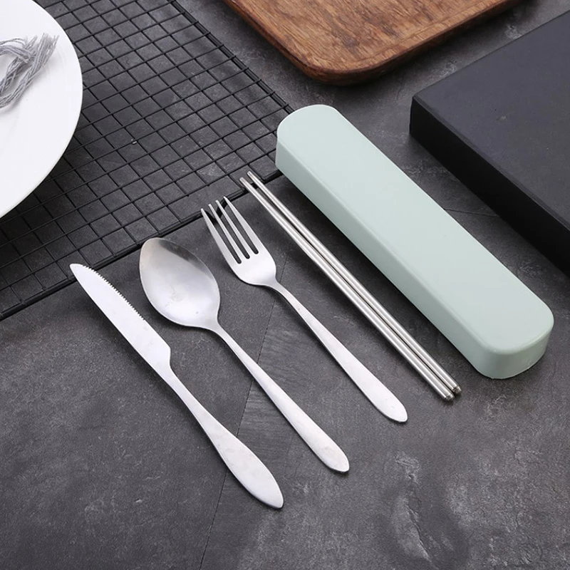 4 pçs/set viagem de acampamento conjunto talheres talheres portátil pauzinhos aço inoxidável colher garfo faca bife com armazenamento caso