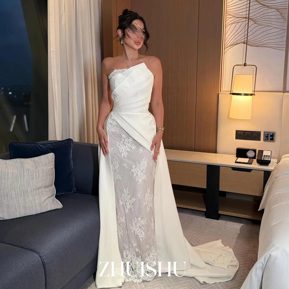 

ZHUISHU Lace Patchwork Saudi Evening Dresses Women Customized Strapless Long Prom Dresses Lady Special Occasion Gown