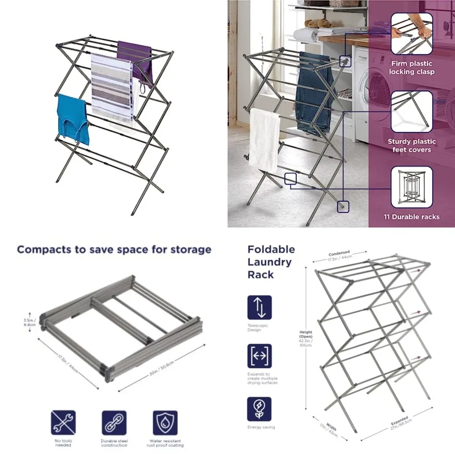 

3 Tier Expandable Collapsing Foldable Laundry Rack for Air Drying Clothing, Space Saving Heavy Duty Lightweight Metal Drying Ra