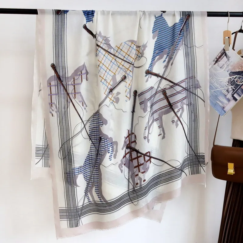 

High-end Elegant Women Exquisite Fencing Steed Print Quality Water Soluble Wool Handmade Fringe Soft Warm Long Scarf Shawl