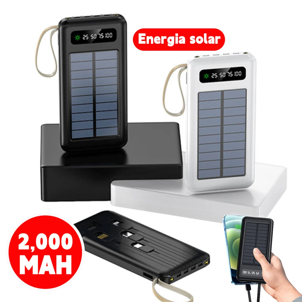 Power Bank Solar 20000mAh com 4 Cabos Embutidos, Lanterna LED, Carregamento Rápido para Ce