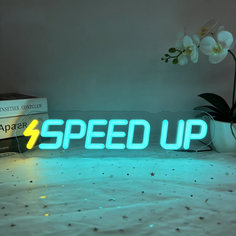 

Светодиодная неоновая вывеска Speed Up Lightning Bolt с USB-питанием, регулируемая по яркости, сине-желтая неоновая подсветка для игровой комнаты, офиса, мотивационного декора, украшения рабочего стола.