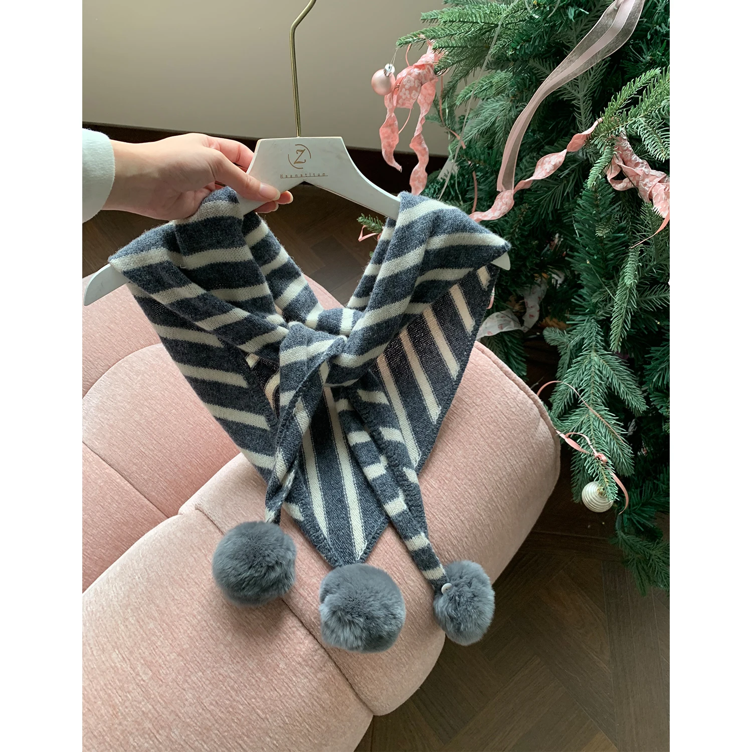 Ruan Ruan Winter New Small Design Sensation Age-Defying Full Woolen Triangular Stripe Scarf Neck Warmer Unisex Korean Style