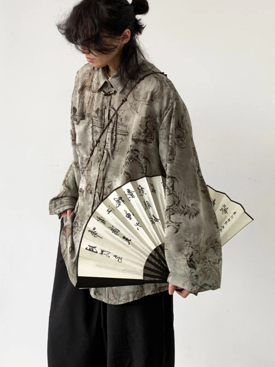 

Retro Chinese Sle Button up irt Long Sve Printed Loose Fit Boting irt for Men And Women Spring New Sle