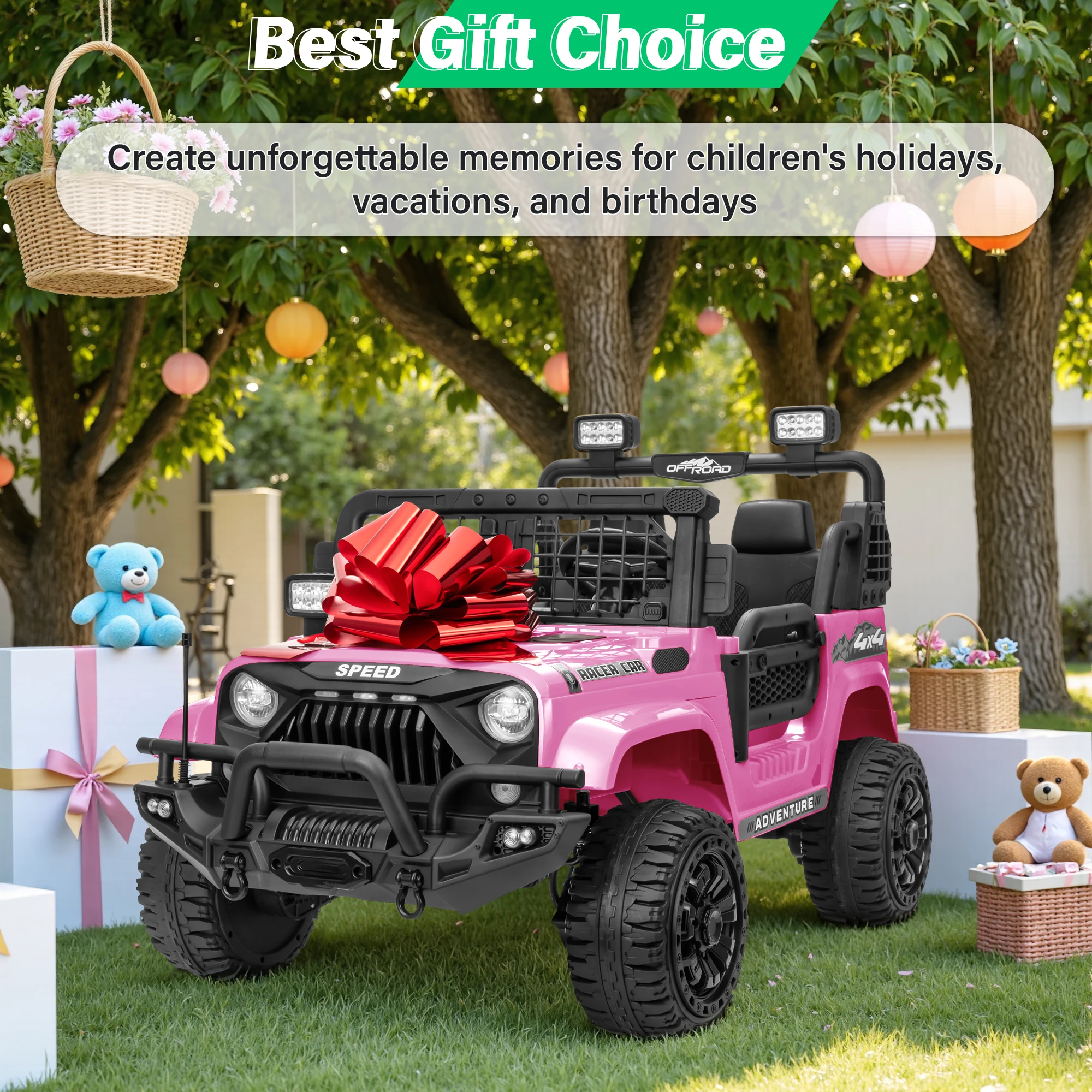 24 V niños de 2 plazas con control remoto: potente todoterreno 4 direcciones, control parental, suspensión de resorte, vehículo todo terreno